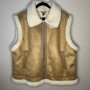 H&M Divided Tan Faux Suede Sherpa Double Faced Vest Vegan Trim Women XL NWT